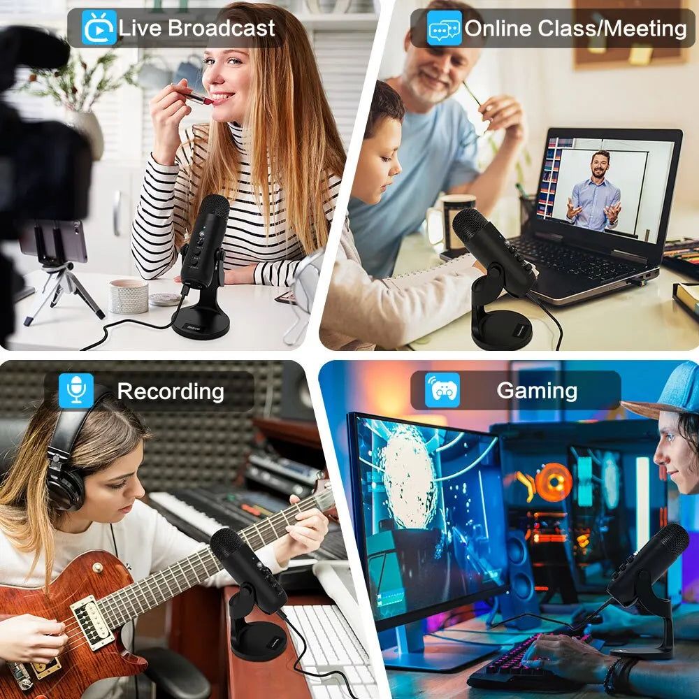 Microfone USB Haomuren para PC, Mac, jogos, gravação, transmissão, podcast, microfone condensador de computador com adaptador de telefone, saída de fone de ouvido