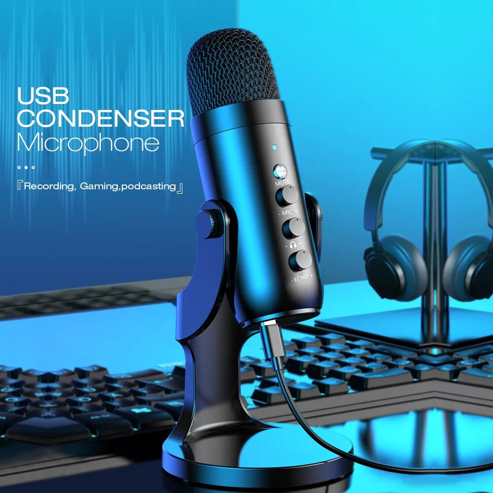 Microfone USB Haomuren para PC, Mac, jogos, gravação, transmissão, podcast, microfone condensador de computador com adaptador de telefone, saída de fone de ouvido